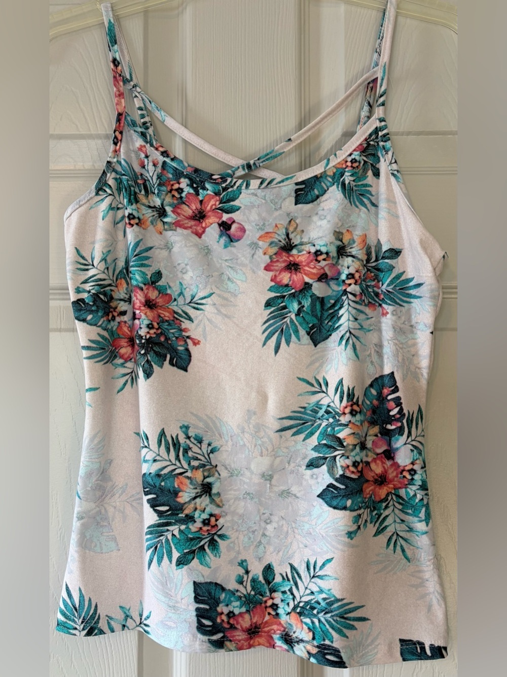 Hot Kiss White Floral Camisole with Teal & Coral Blooms